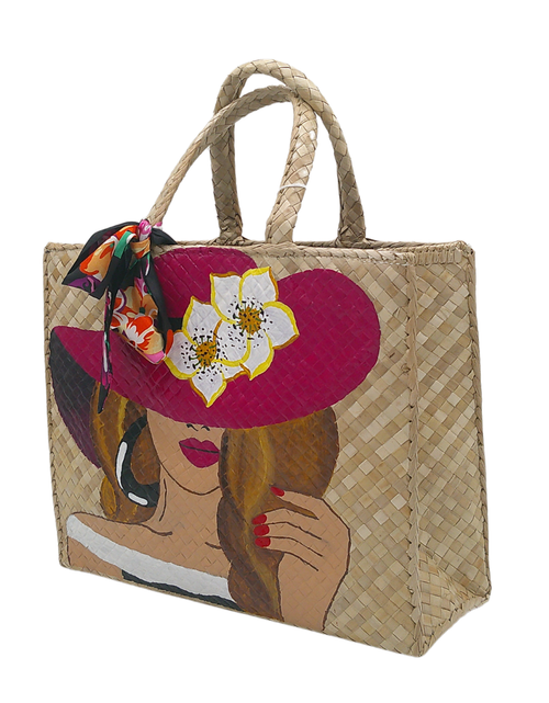 Load image into Gallery viewer, Artisan Handcrafted Straw Tote Bag with Colorful Woman Portrait – Boho-Chic Beach Bag with Braided Handles
