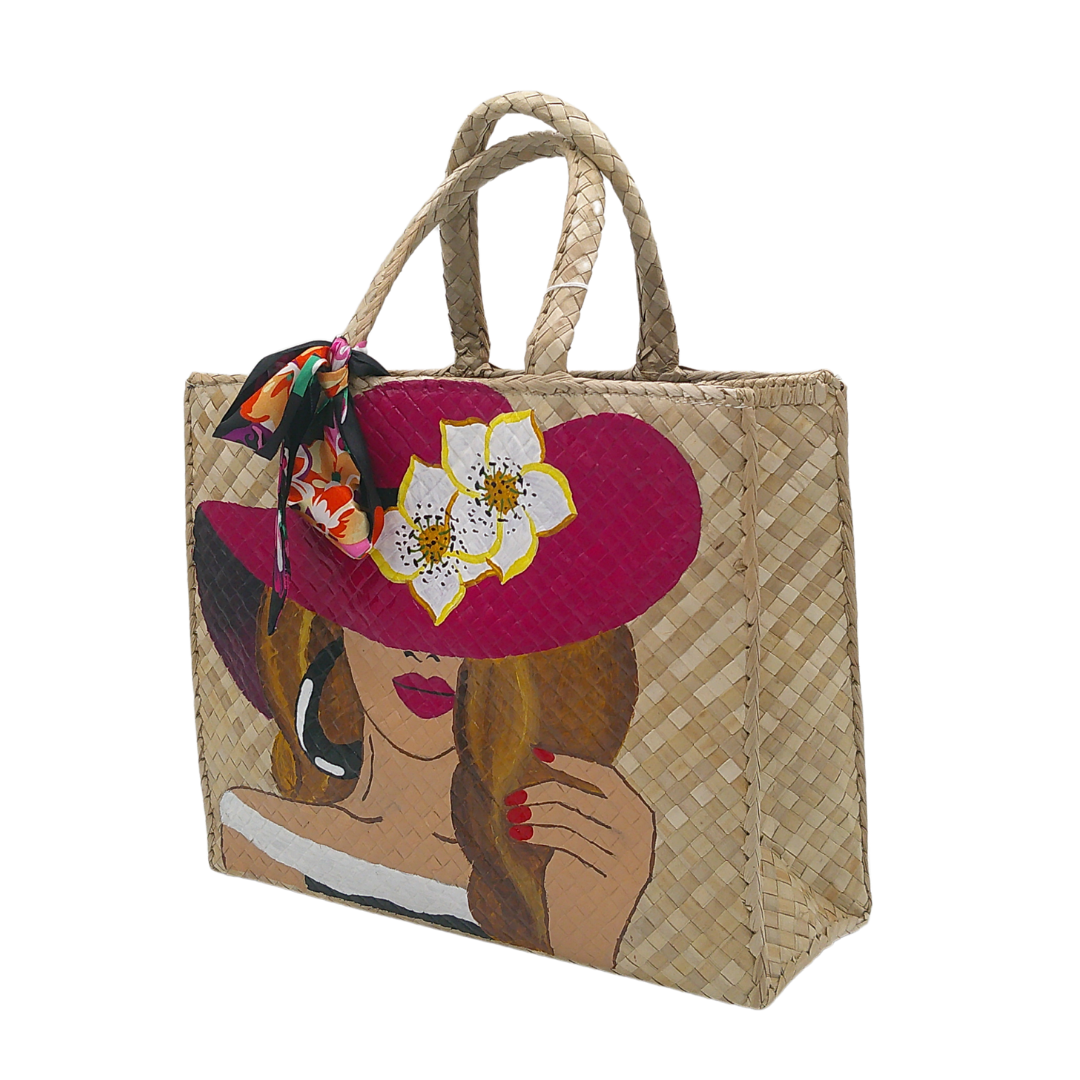 Artisan Handcrafted Straw Tote Bag with Colorful Woman Portrait – Boho-Chic Beach Bag with Braided Handles