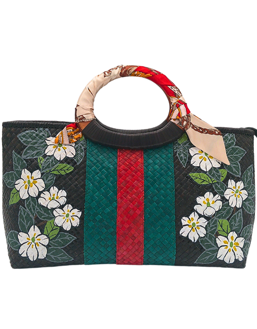 Load image into Gallery viewer, Handwoven Pandan Handbag with Wooden Handle - Gucci Inspired Floral Design - Eco-Friendly and Stylish
