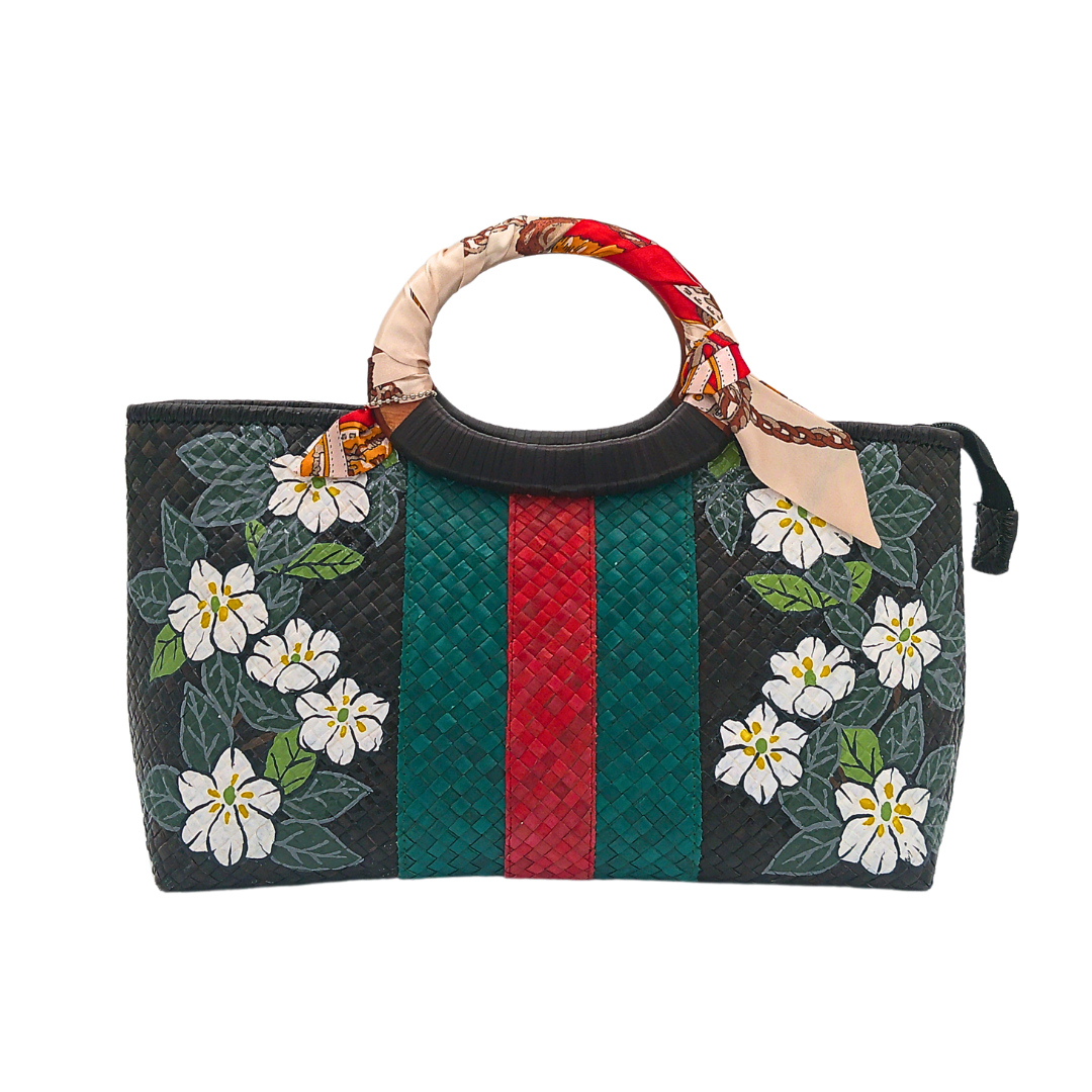 Handwoven Pandan Handbag with Wooden Handle - Gucci Inspired Floral Design - Eco-Friendly and Stylish