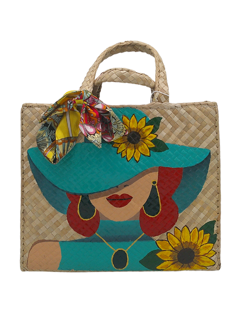 Load image into Gallery viewer, Artisan Handcrafted Straw Tote Bag with Colorful Woman Portrait – Boho-Chic Beach Bag with Braided Handles
