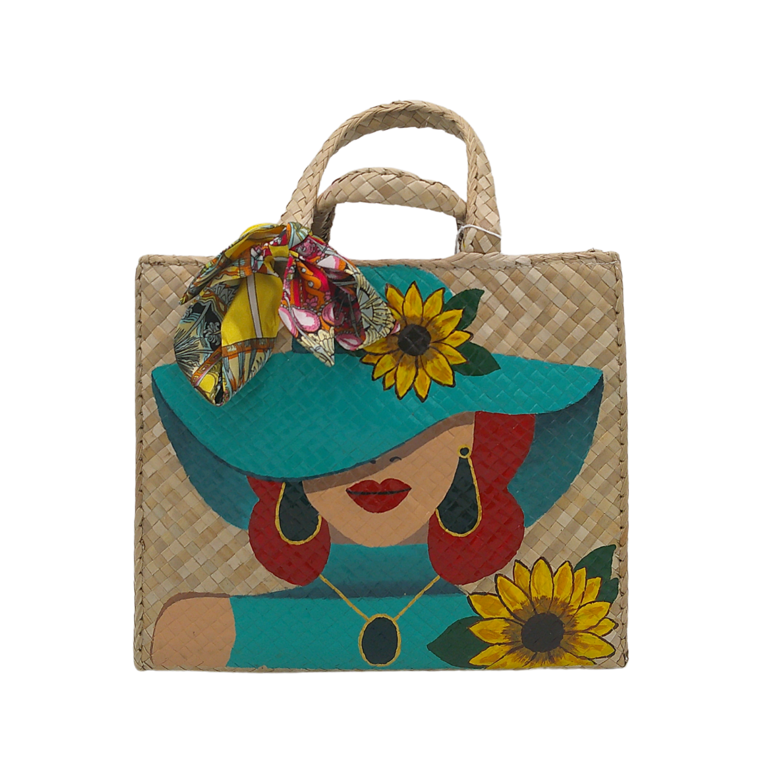 Artisan Handcrafted Straw Tote Bag with Colorful Woman Portrait – Boho-Chic Beach Bag with Braided Handles