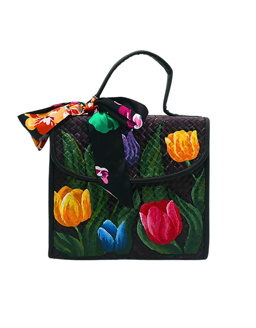 Load image into Gallery viewer, Handwoven Pandan Bag with Vibrant Floral Design and Scarf Accent - Eco-Friendly and Stylish
