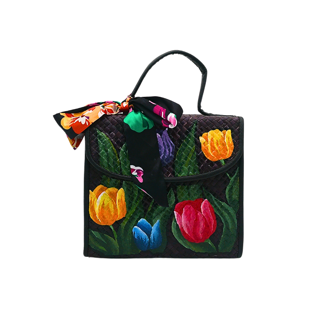 Handwoven Pandan Bag with Vibrant Floral Design and Scarf Accent - Eco-Friendly and Stylish