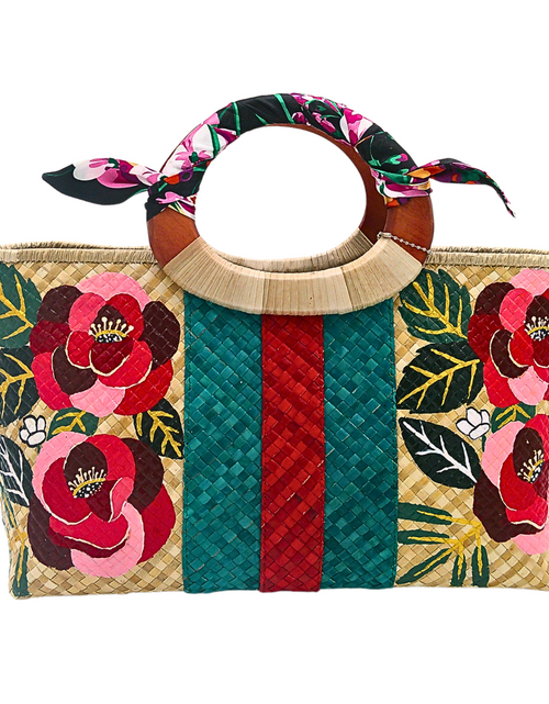 Load image into Gallery viewer, Handwoven Pandan Handbag with Wooden Handle - Gucci Inspired Floral Design - Eco-Friendly and Stylish
