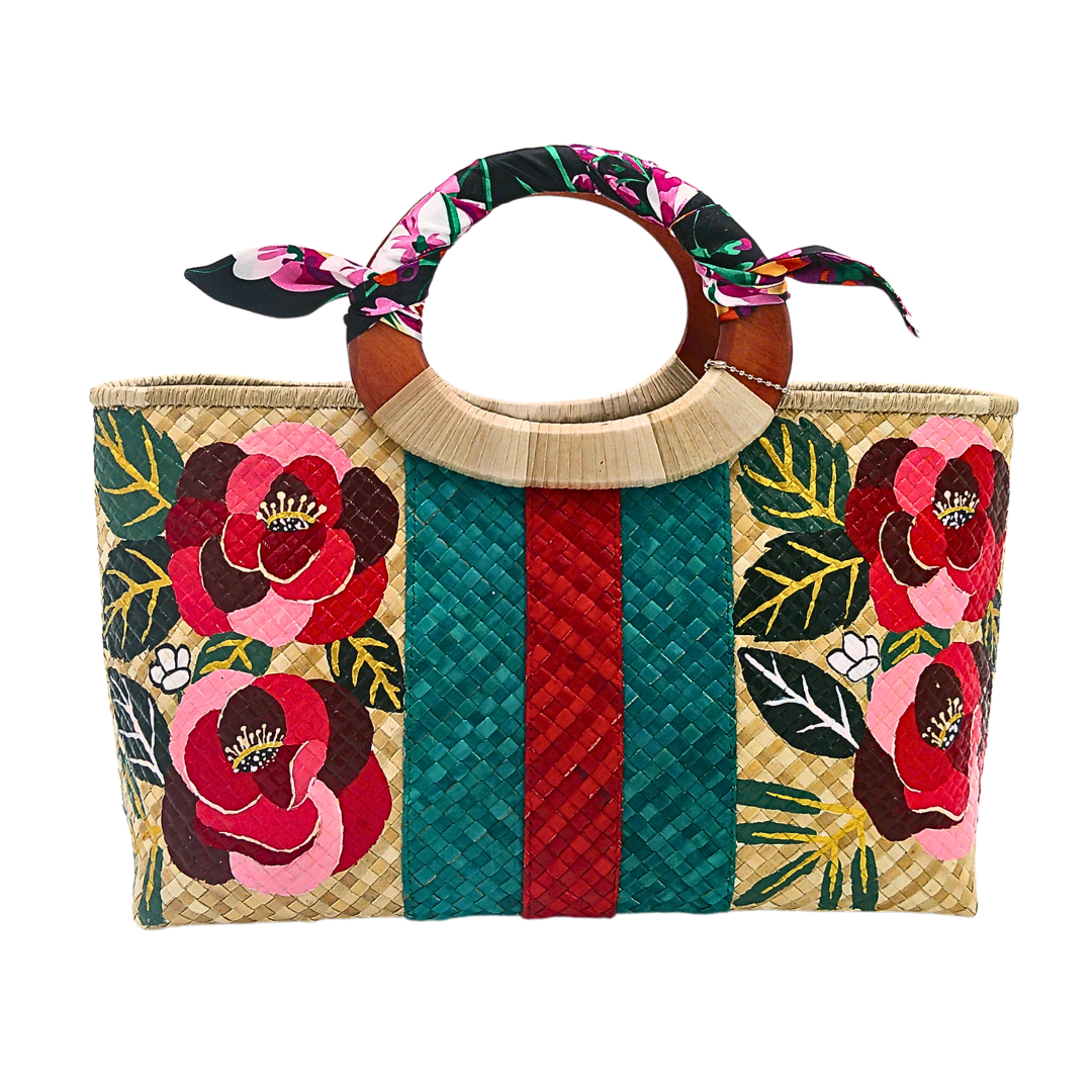 Handwoven Pandan Handbag with Wooden Handle - Gucci Inspired Floral Design - Eco-Friendly and Stylish