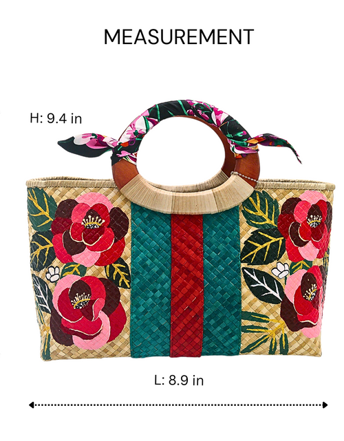 Load image into Gallery viewer, Handwoven Pandan Handbag with Wooden Handle - Gucci Inspired Floral Design - Eco-Friendly and Stylish
