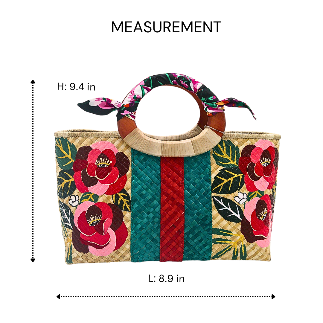 Handwoven Pandan Handbag with Wooden Handle - Gucci Inspired Floral Design - Eco-Friendly and Stylish