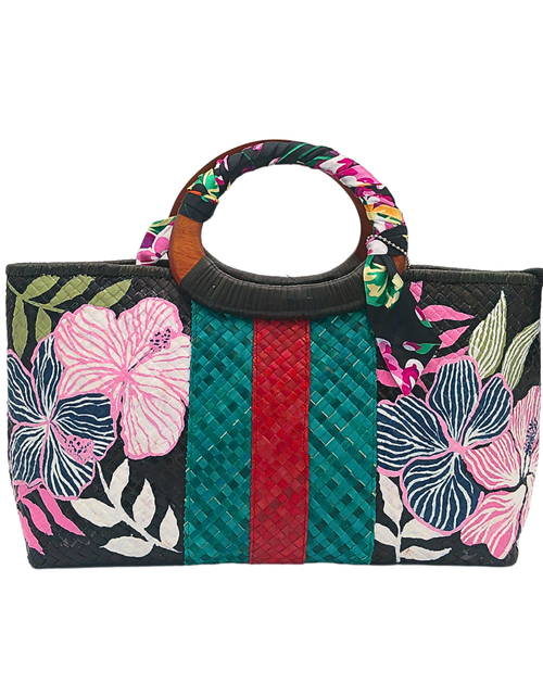 Load image into Gallery viewer, Handwoven Pandan Handbag with Wooden Handle - Gucci Inspired Floral Design - Eco-Friendly and Stylish
