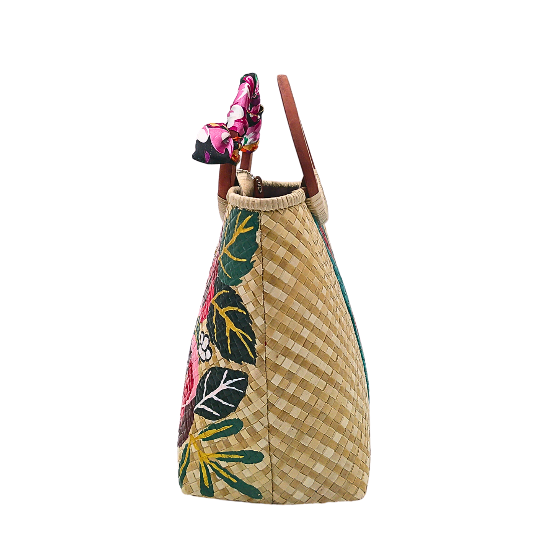 Handwoven Pandan Handbag with Wooden Handle - Gucci Inspired Floral Design - Eco-Friendly and Stylish