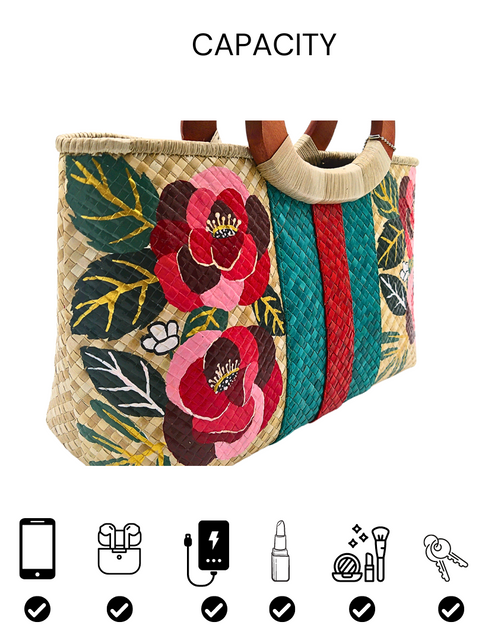 Load image into Gallery viewer, Handwoven Pandan Handbag with Wooden Handle - Gucci Inspired Floral Design - Eco-Friendly and Stylish
