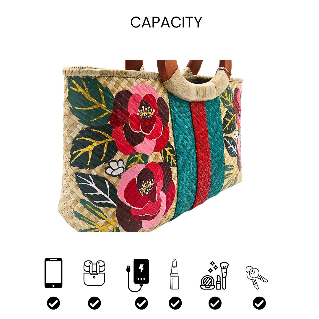 Handwoven Pandan Handbag with Wooden Handle - Gucci Inspired Floral Design - Eco-Friendly and Stylish