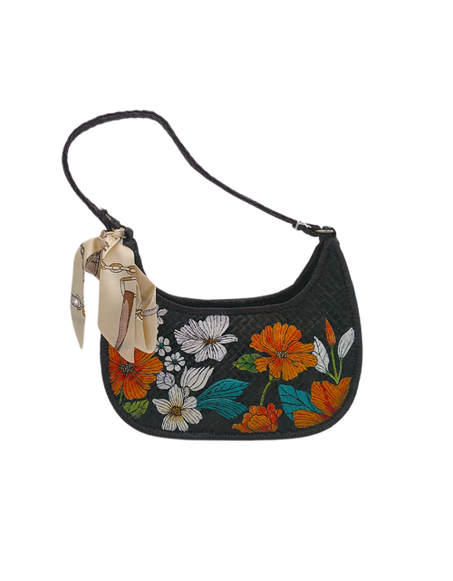 Load image into Gallery viewer, Hand-Painted Floral Woven Shoulder Bag – Artisan Straw Hobo Bag with Elegant Scarf Accent
