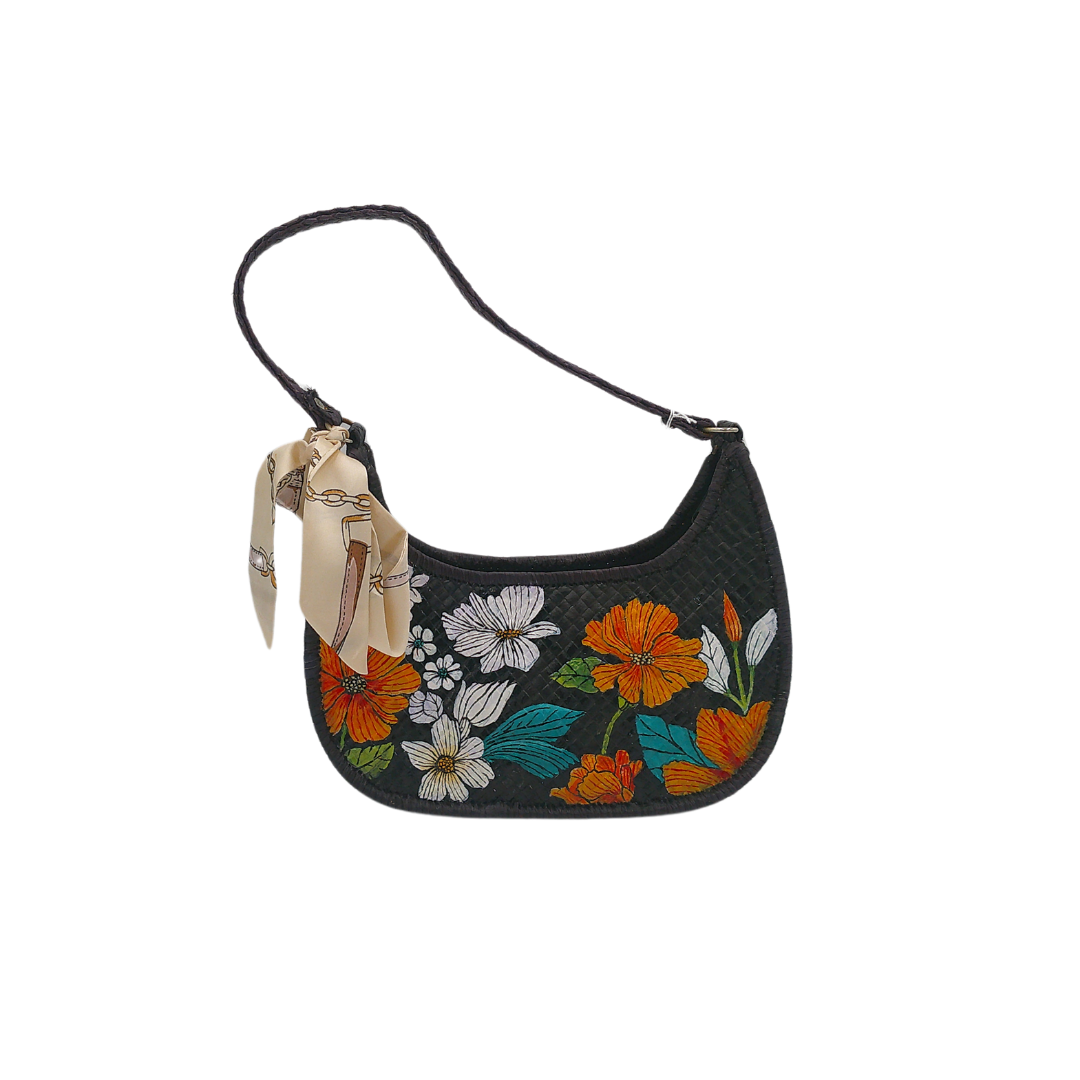 Hand-Painted Floral Woven Shoulder Bag – Artisan Straw Hobo Bag with Elegant Scarf Accent