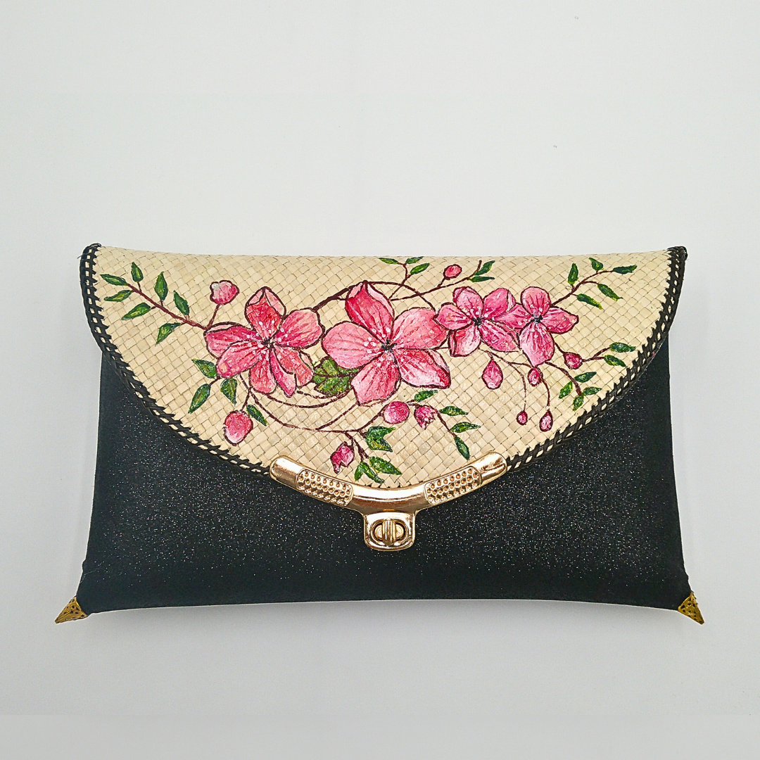 Elegant Handwoven Pandan Clutch with Floral Design - Eco-Friendly Evening Purse