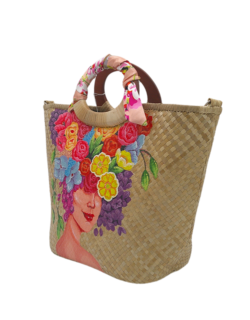 Load image into Gallery viewer, Handmade Woven Straw Tote Bag with Vibrant Floral Art – Unique Summer Beach Bag with Wooden Handles
