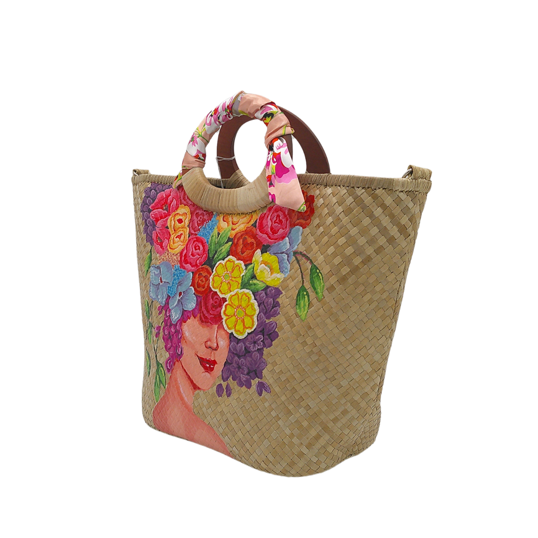 Handmade Woven Straw Tote Bag with Vibrant Floral Art – Unique Summer Beach Bag with Wooden Handles