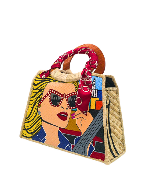 Load image into Gallery viewer, Handwoven Pandan Handbag/Crossbody with Pop Art Design and Scarf Accent - Eco-Friendly and Stylish
