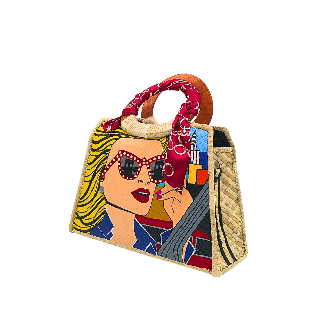 Handwoven Pandan Handbag/Crossbody with Pop Art Design and Scarf Accent - Eco-Friendly and Stylish