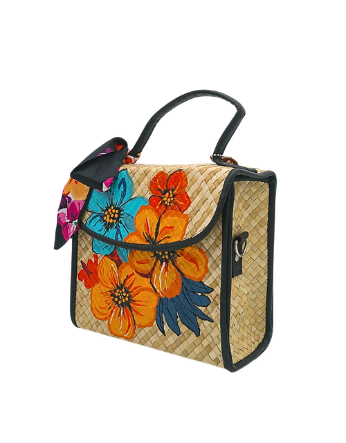 Load image into Gallery viewer, Handwoven Pandan Bag with Vibrant Floral Design and Scarf Accent - Eco-Friendly and Stylish
