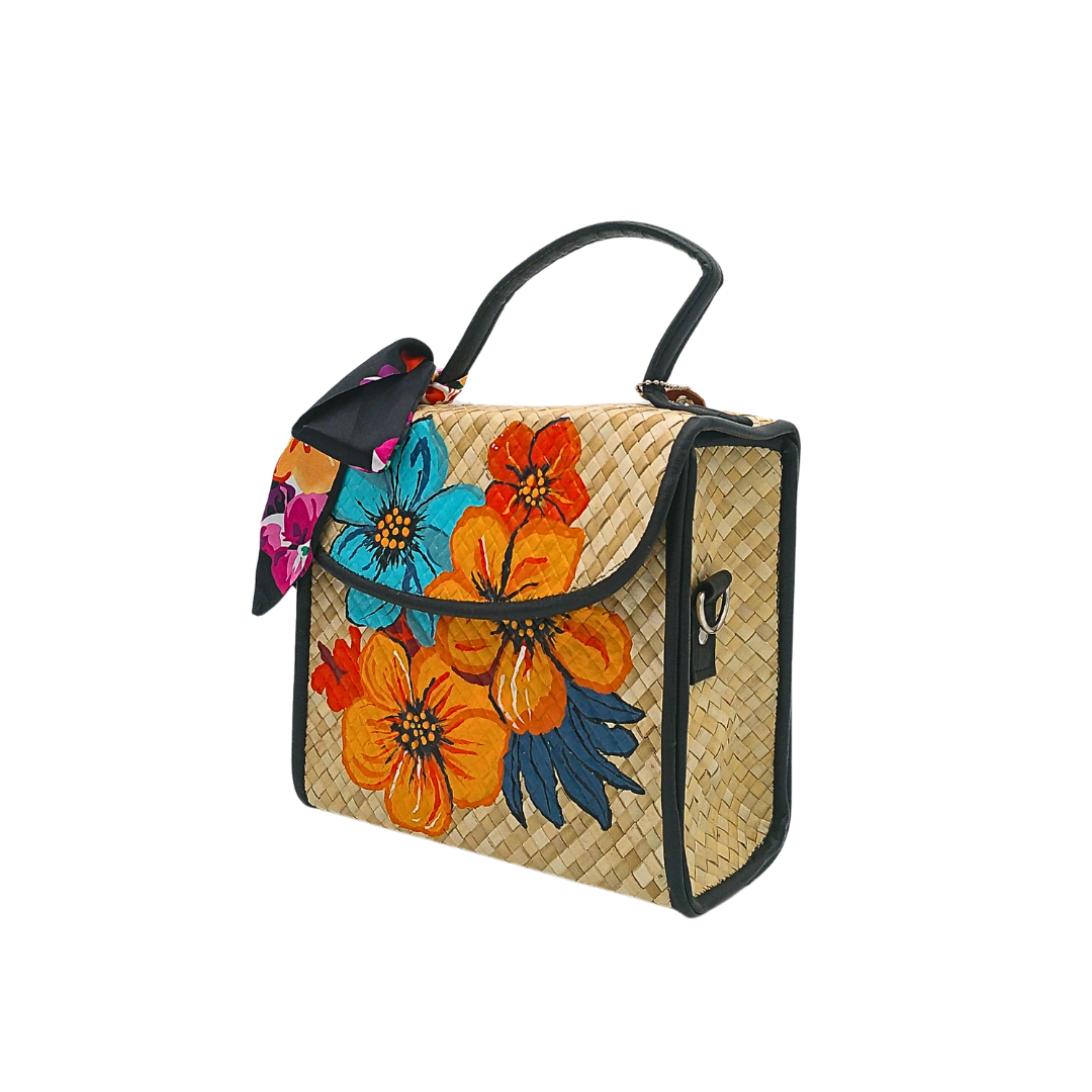 Handwoven Pandan Bag with Vibrant Floral Design and Scarf Accent - Eco-Friendly and Stylish