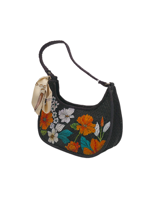 Load image into Gallery viewer, Hand-Painted Floral Woven Shoulder Bag – Artisan Straw Hobo Bag with Elegant Scarf Accent
