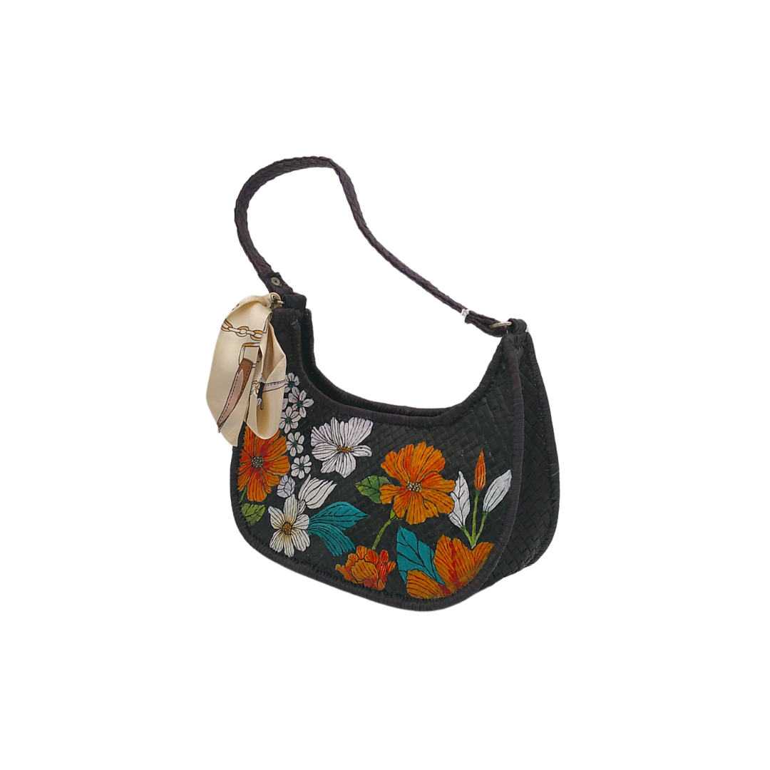 Hand-Painted Floral Woven Shoulder Bag – Artisan Straw Hobo Bag with Elegant Scarf Accent