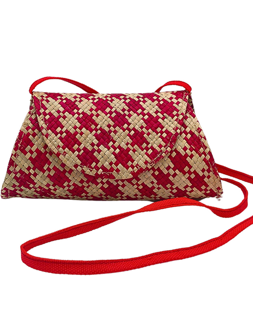 Load image into Gallery viewer, Red and Beige Handwoven Buri Crossbody Bag | Eco-Friendly Straw Purse
