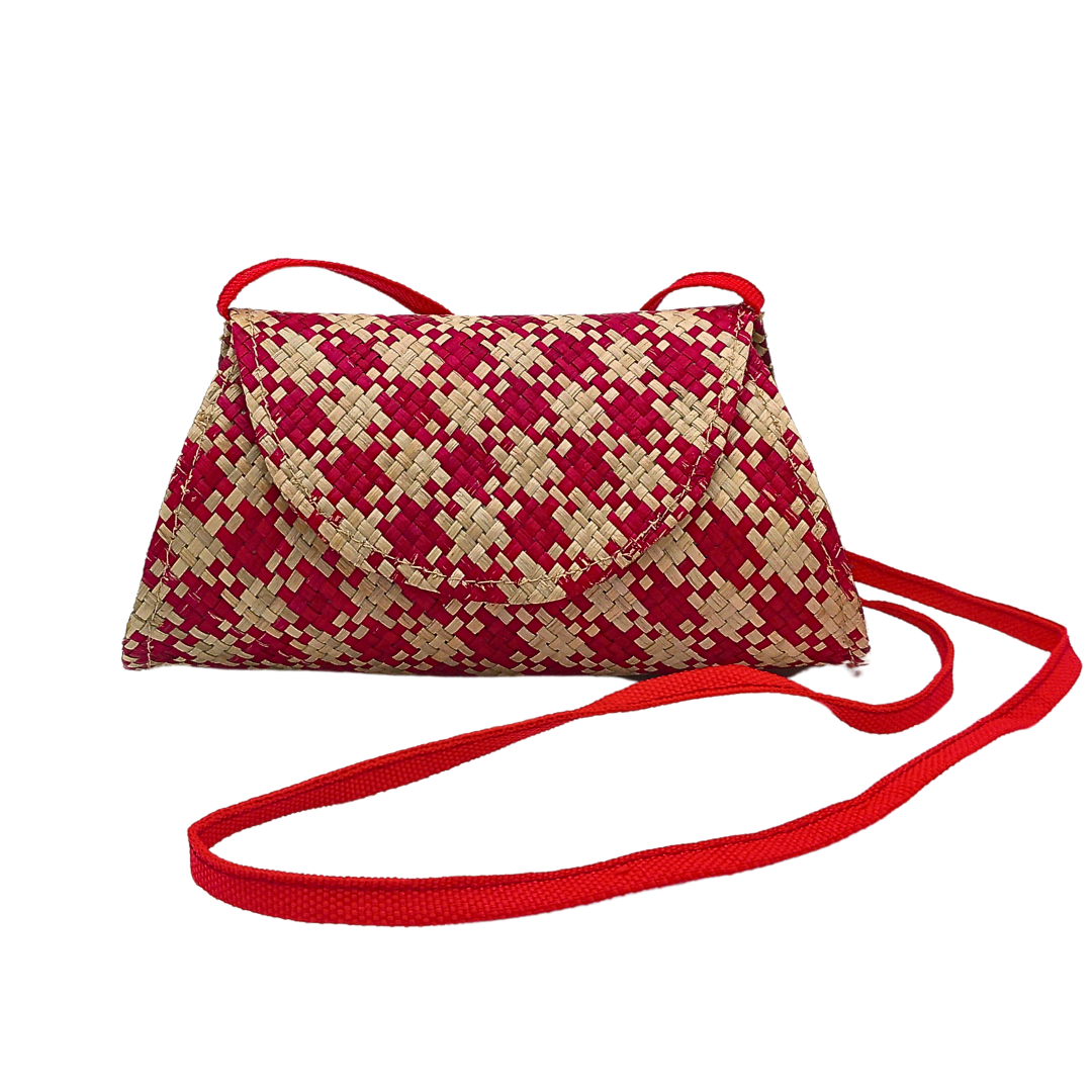 Red and Beige Handwoven Buri Crossbody Bag | Eco-Friendly Straw Purse