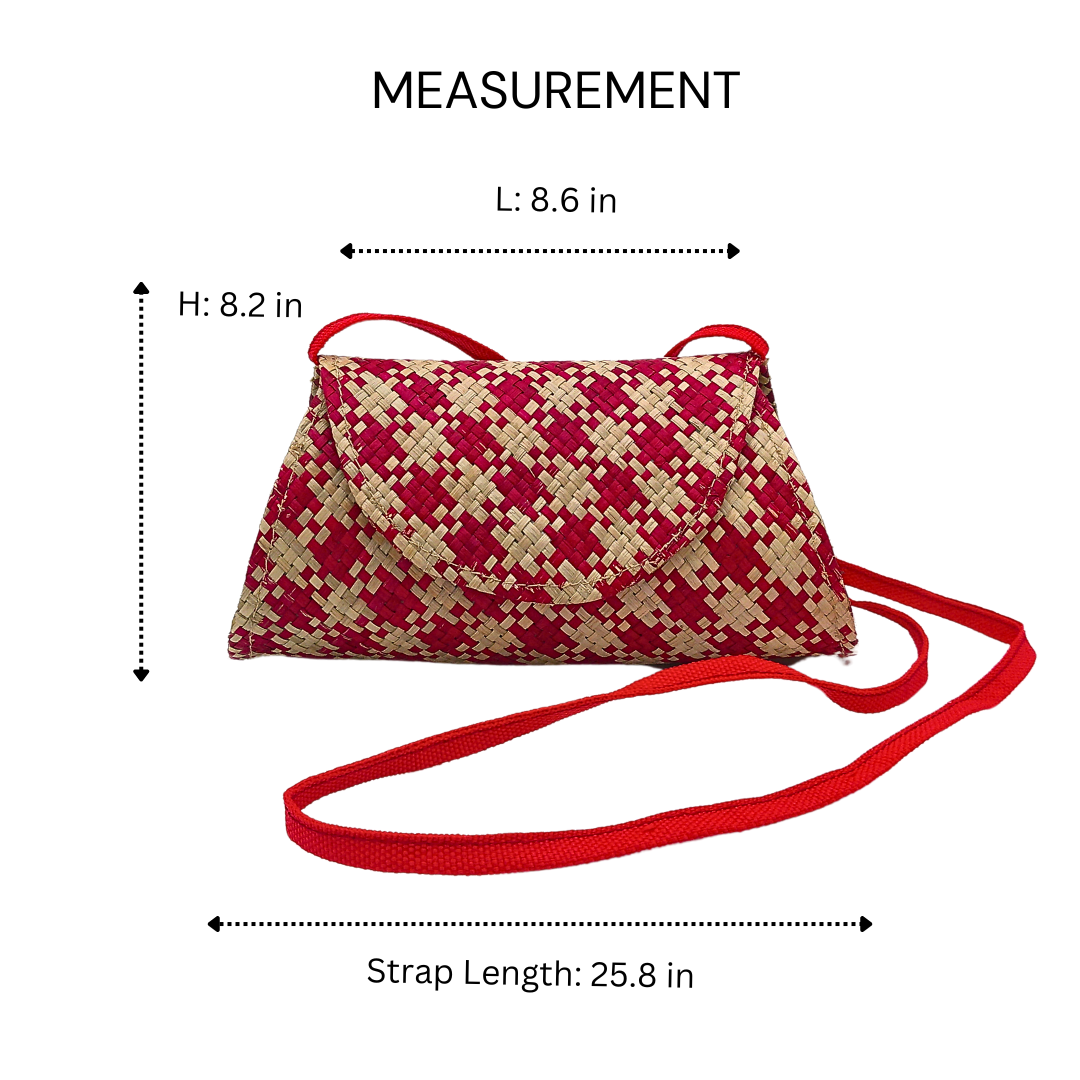 Red and Beige Handwoven Buri Crossbody Bag | Eco-Friendly Straw Purse