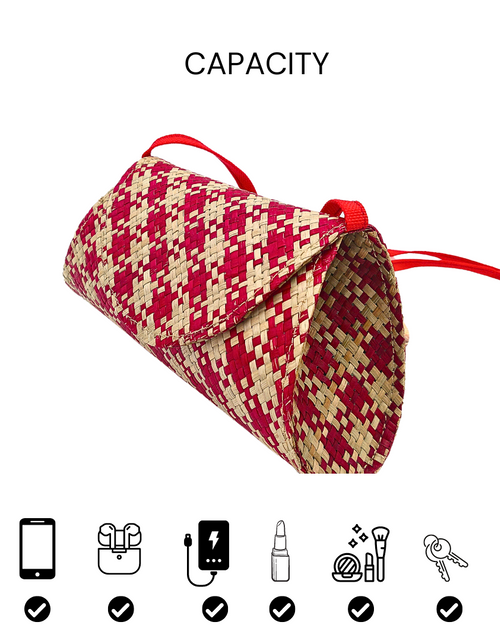 Load image into Gallery viewer, Red and Beige Handwoven Buri Crossbody Bag | Eco-Friendly Straw Purse
