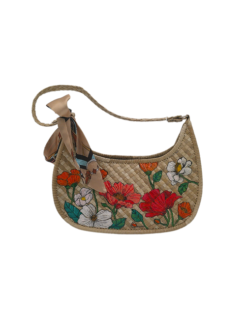 Load image into Gallery viewer, Hand-Painted Floral Woven Shoulder Bag – Artisan Straw Hobo Bag with Elegant Scarf Accent
