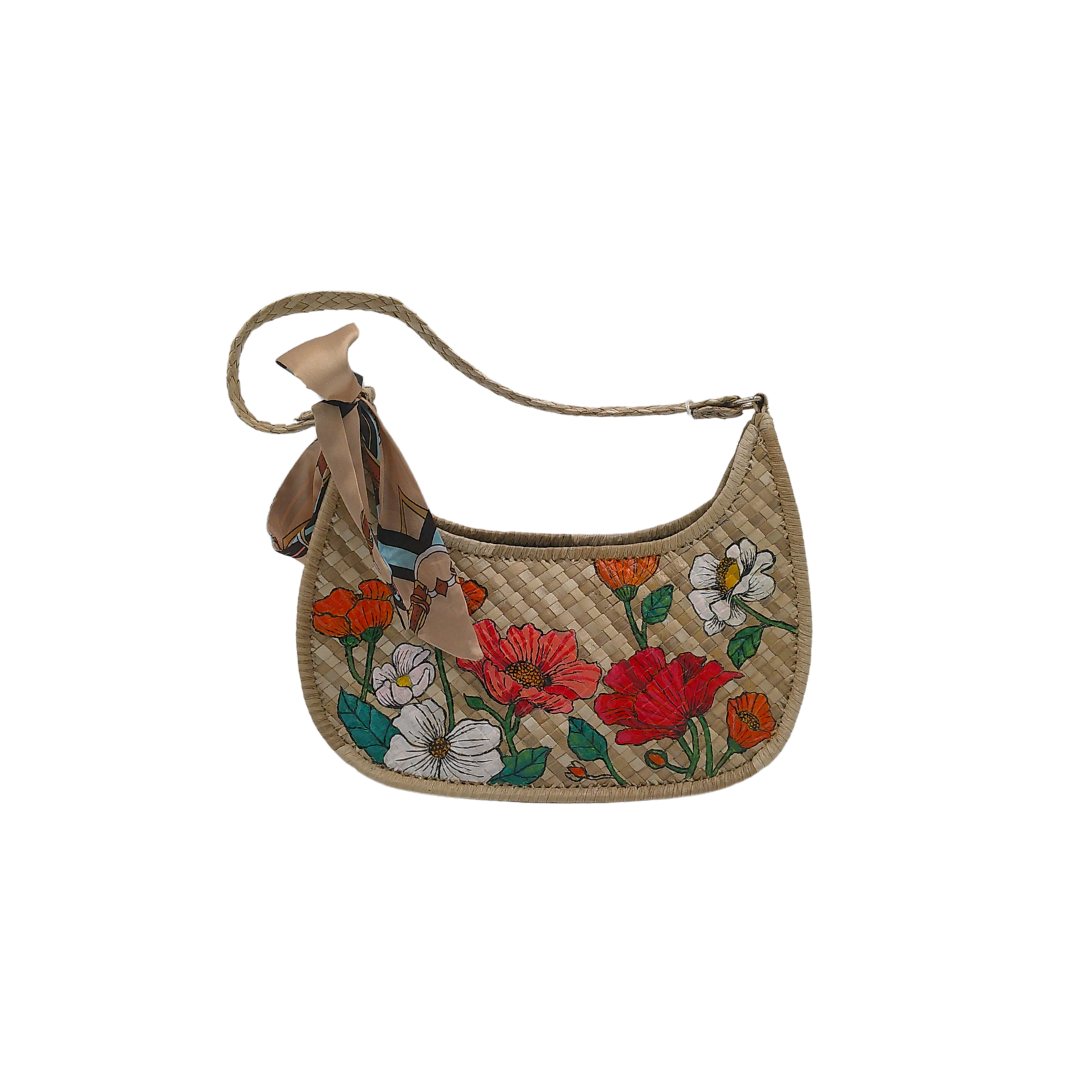 Hand-Painted Floral Woven Shoulder Bag – Artisan Straw Hobo Bag with Elegant Scarf Accent