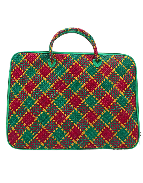 Load image into Gallery viewer, Handwoven Buri Laptop Bag with Green and Red Plaid Pattern | Eco-Friendly Straw Case
