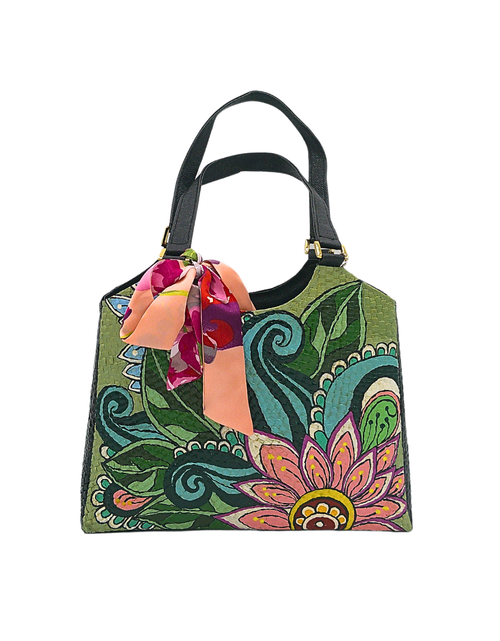 Load image into Gallery viewer, Handwoven Pandan Handbag with Vibrant Floral Design and Scarf - Eco-Friendly and Versatile
