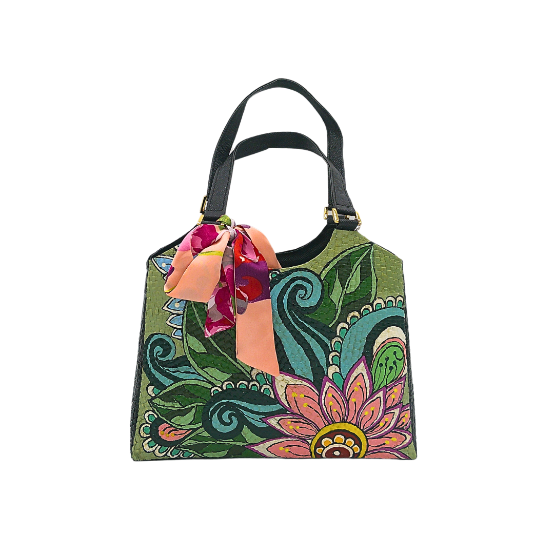 Handwoven Pandan Handbag with Vibrant Floral Design and Scarf - Eco-Friendly and Versatile