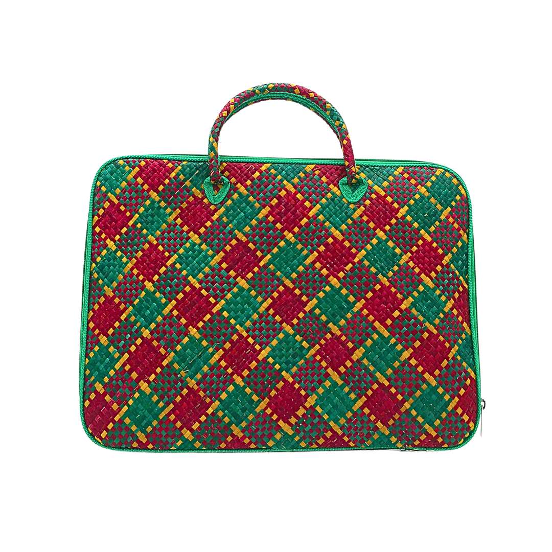 Handwoven Buri Laptop Bag with Green and Red Plaid Pattern | Eco-Friendly Straw Case