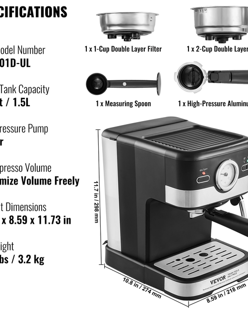 Load image into Gallery viewer, VEVOR Espresso Machine, 15 Bar Semi-Automatic Espresso Maker with Milk
