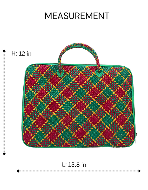 Load image into Gallery viewer, Handwoven Buri Laptop Bag with Green and Red Plaid Pattern | Eco-Friendly Straw Case
