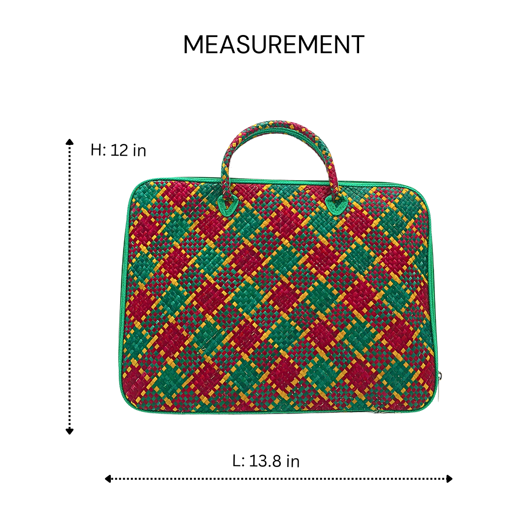 Handwoven Buri Laptop Bag with Green and Red Plaid Pattern | Eco-Friendly Straw Case