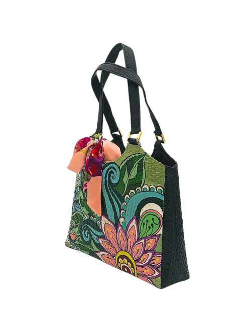 Load image into Gallery viewer, Handwoven Pandan Handbag with Vibrant Floral Design and Scarf - Eco-Friendly and Versatile
