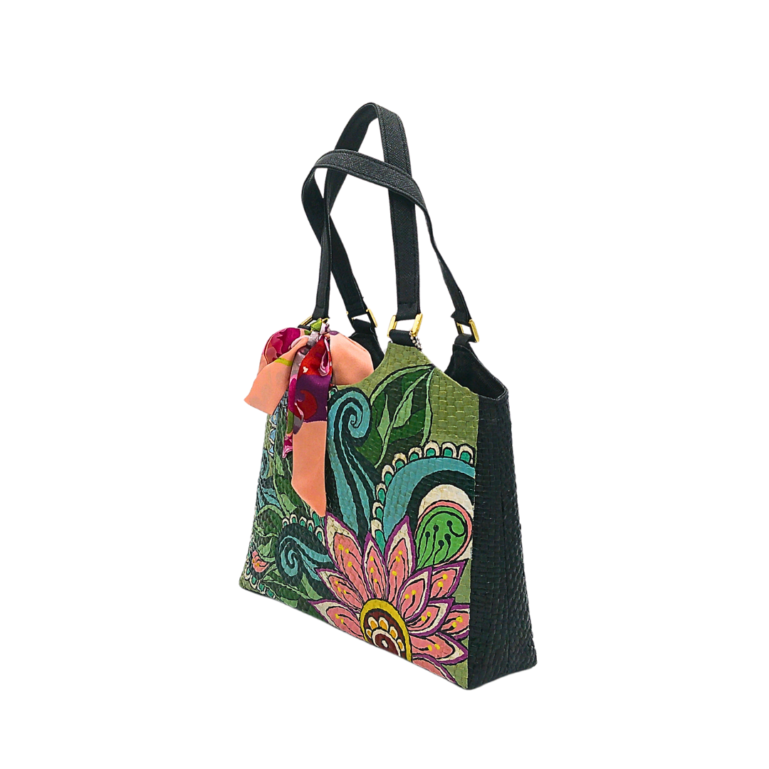 Handwoven Pandan Handbag with Vibrant Floral Design and Scarf - Eco-Friendly and Versatile