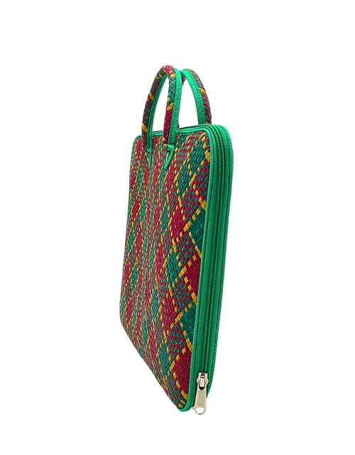 Load image into Gallery viewer, Handwoven Buri Laptop Bag with Green and Red Plaid Pattern | Eco-Friendly Straw Case
