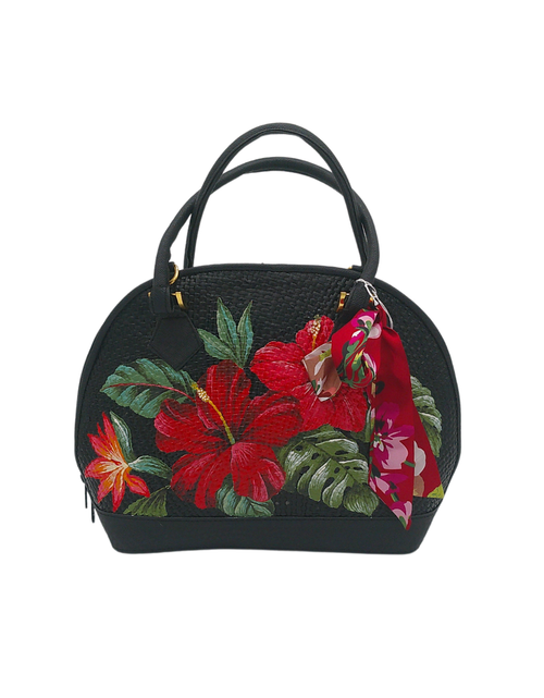 Load image into Gallery viewer, Hand-Painted Floral Woven Straw Handbag – Unique Dome-Shaped Tote with Braided Handles &amp; Scarf Accent
