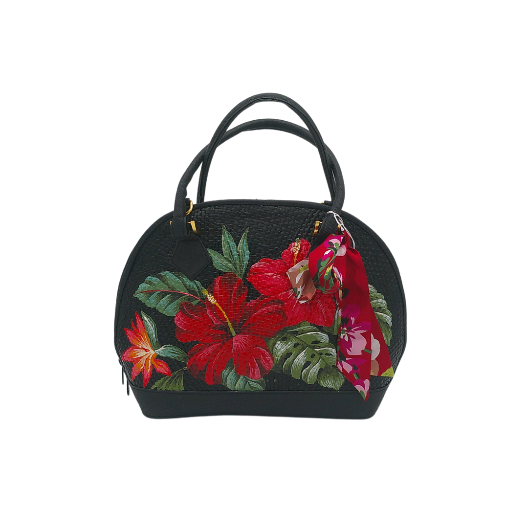 Hand-Painted Floral Woven Straw Handbag – Unique Dome-Shaped Tote with Braided Handles & Scarf Accent