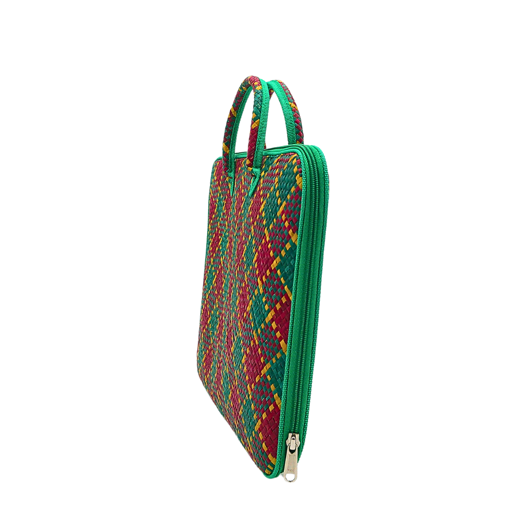 Handwoven Buri Laptop Bag with Green and Red Plaid Pattern | Eco-Friendly Straw Case