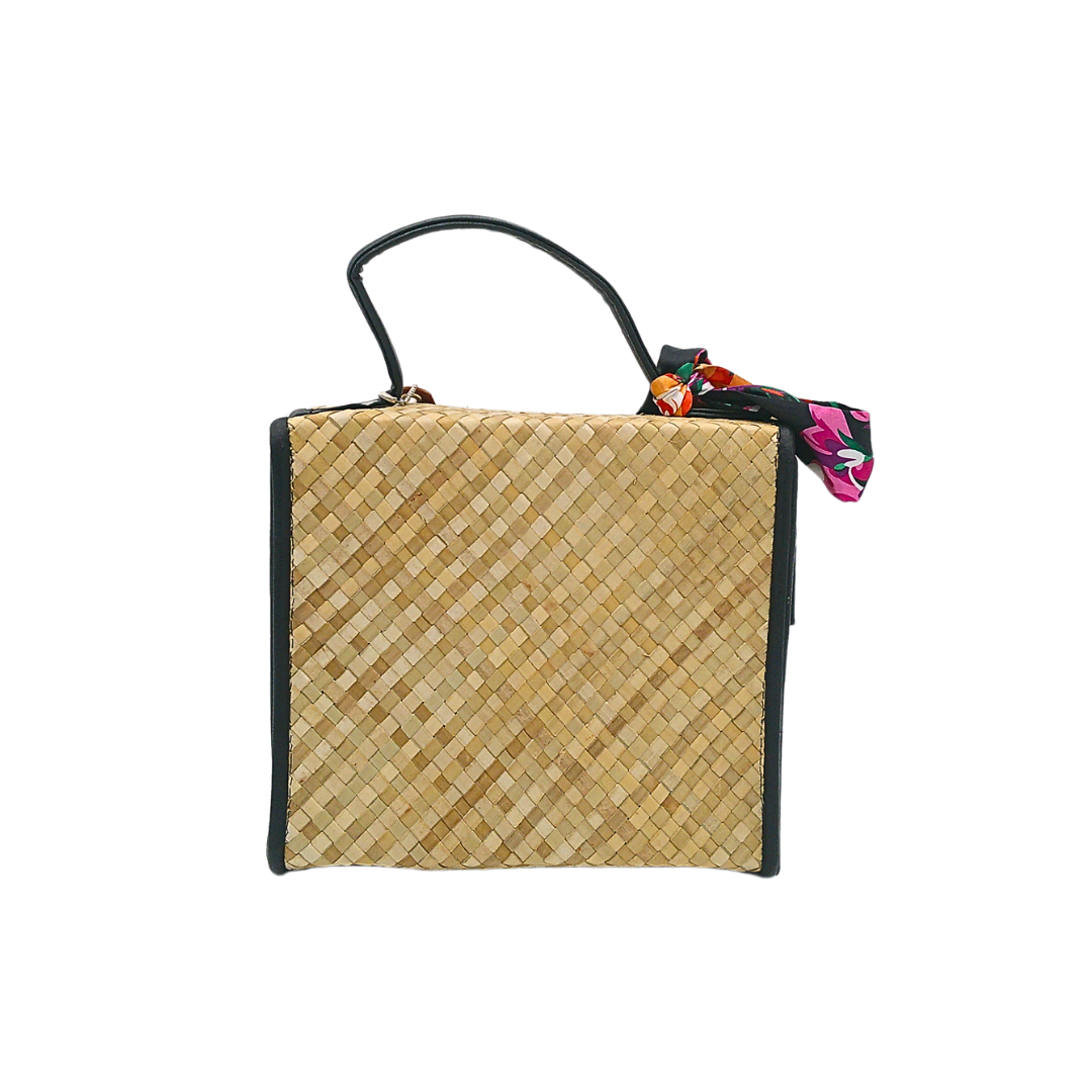 Handwoven Pandan Bag with Vibrant Floral Design and Scarf Accent - Eco-Friendly and Stylish