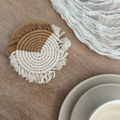 Load image into Gallery viewer, Handmade Boho Cotton Rope Coasters – Round Woven Coasters with Fringe
