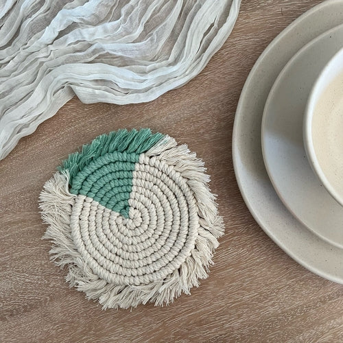 Handmade Boho Cotton Rope Coasters – Round Woven Coasters with Fringe