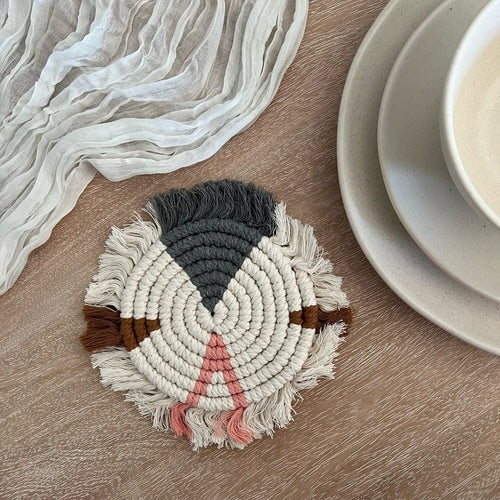 Handmade Boho Cotton Rope Coasters – Round Woven Coasters with Fringe